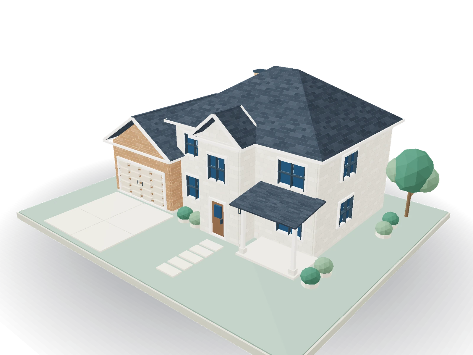 Architectural model of a two-story North Texas-style house with a garage, porch and landscaped base.