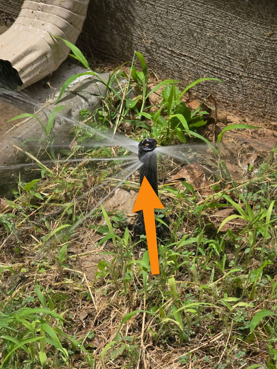 Lawn sprinkler head spraying water directly against a home's foundation wall and downspout, documented on a North Texas inspection
