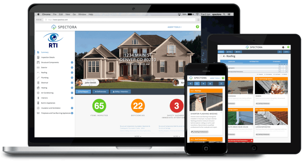 Sample RTI home inspection report showing a summary of findings with photos alongside the report navigation