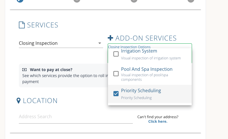 The scheduler with Closing Inspection selected under Services and the Priority Scheduling box checked under Add-On Services