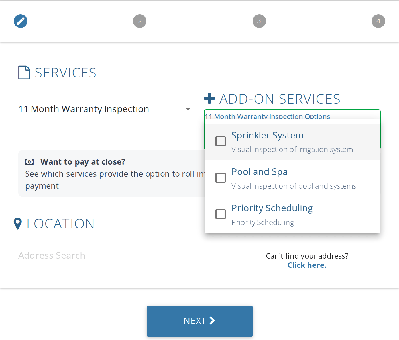Step 1 of the online scheduler with 11 Month Warranty Inspection selected under Services and the add-on list open showing Sprinkler System, Pool and Spa, and Priority Scheduling, all unchecked