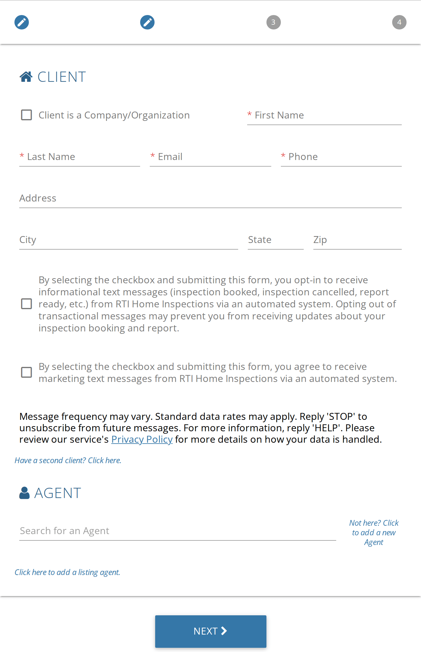 Step 2 of the online scheduler, the empty client form with starred fields for first name, last name, email, and phone, optional address fields, two text-message opt-in boxes, and an agent search box