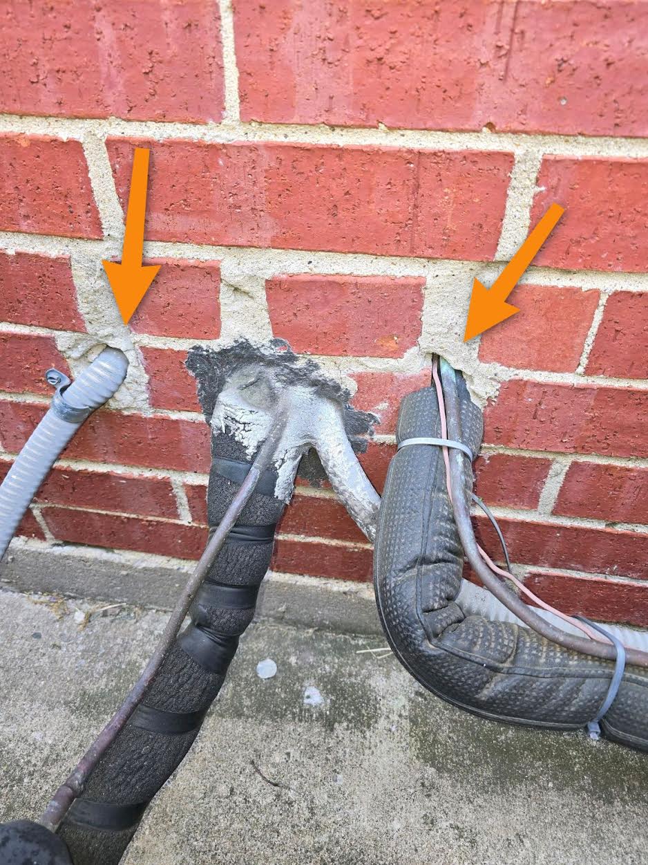 Unsealed HVAC line penetrations through a brick exterior wall found in Prosper, TX